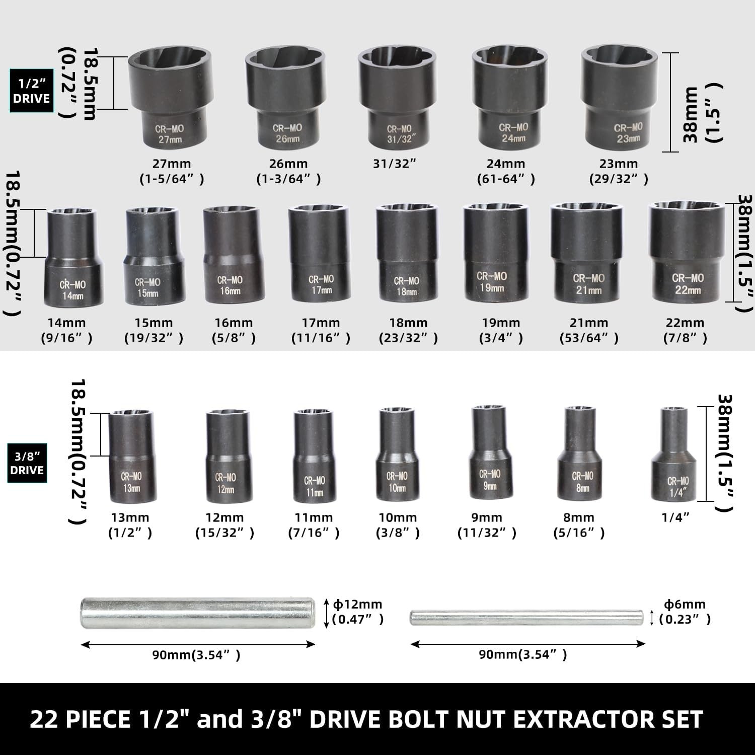 22 Piece Bolt Nut Extractor Set, 1/2″ and 3/8″ Drive Impact Lug Nut Remover Sock