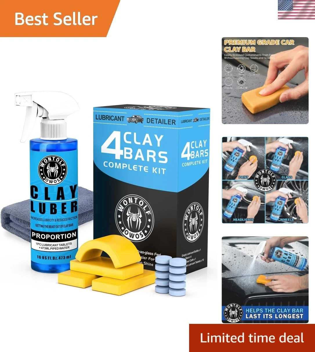 Car Clay Bars Auto Detailing and Clay Luber Synthetic Lubricant Kit, 4 Clay Bars