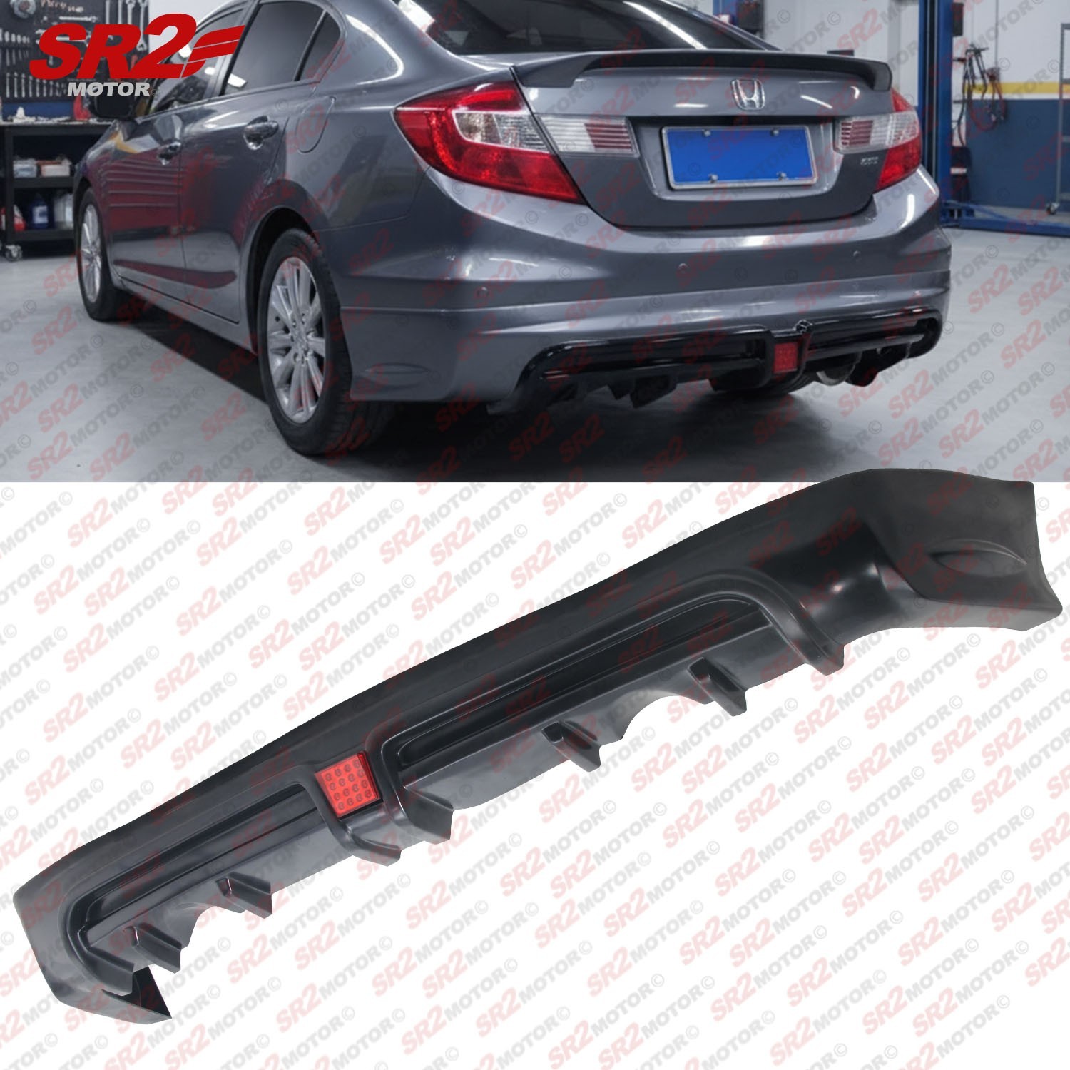 For 12-15 Honda Civic Sedan Rear Bumper MUG-RR Style Diffuser LED Brake Light
