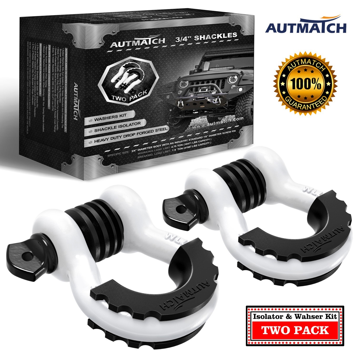 AUTMATCH D Ring Shackle 3/4″ Heavy Duty For Off Road Recovery, White & Black