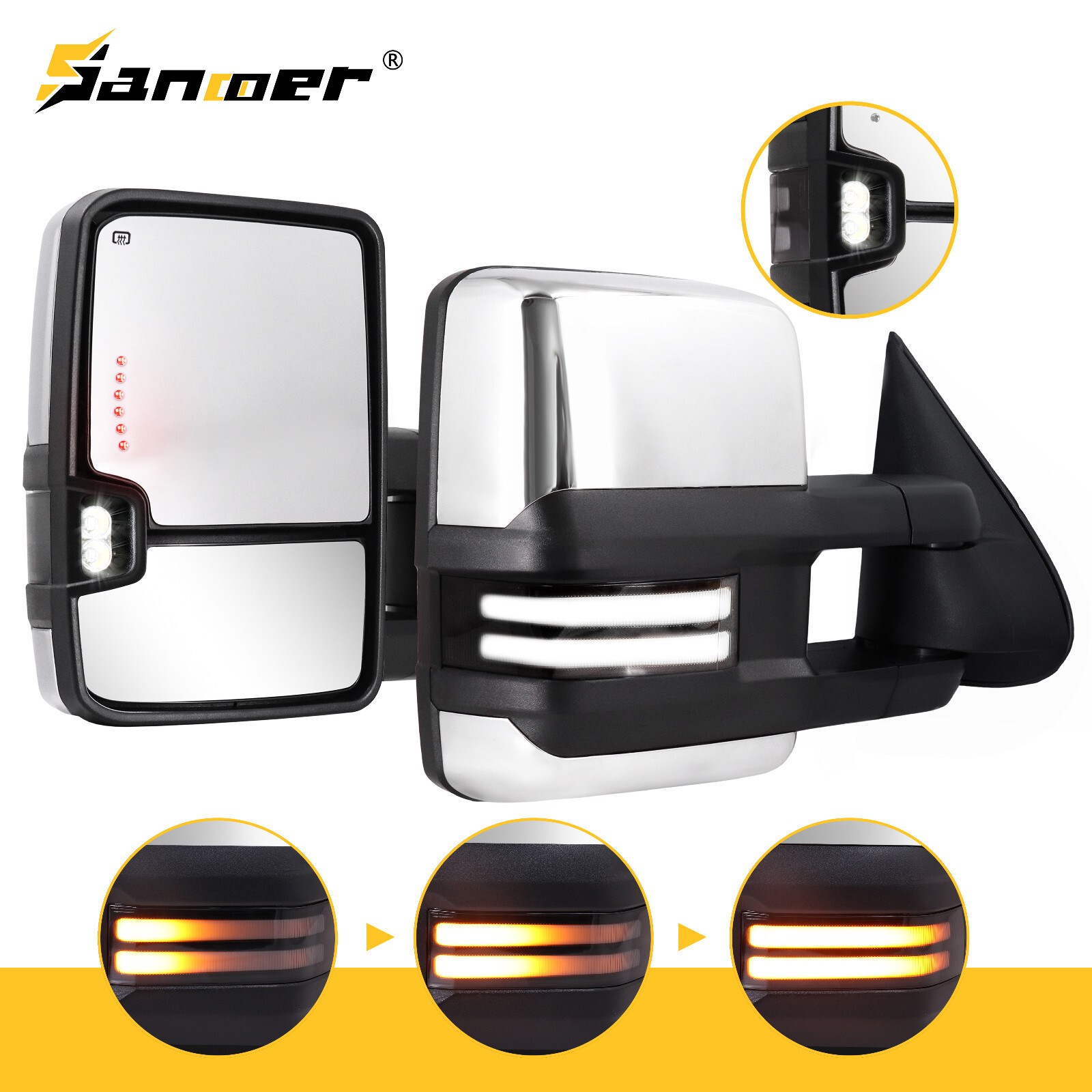 Tow Mirrors Chrome Power Heated for 03-07 Chevy Silverado GMC Sierra Sequential