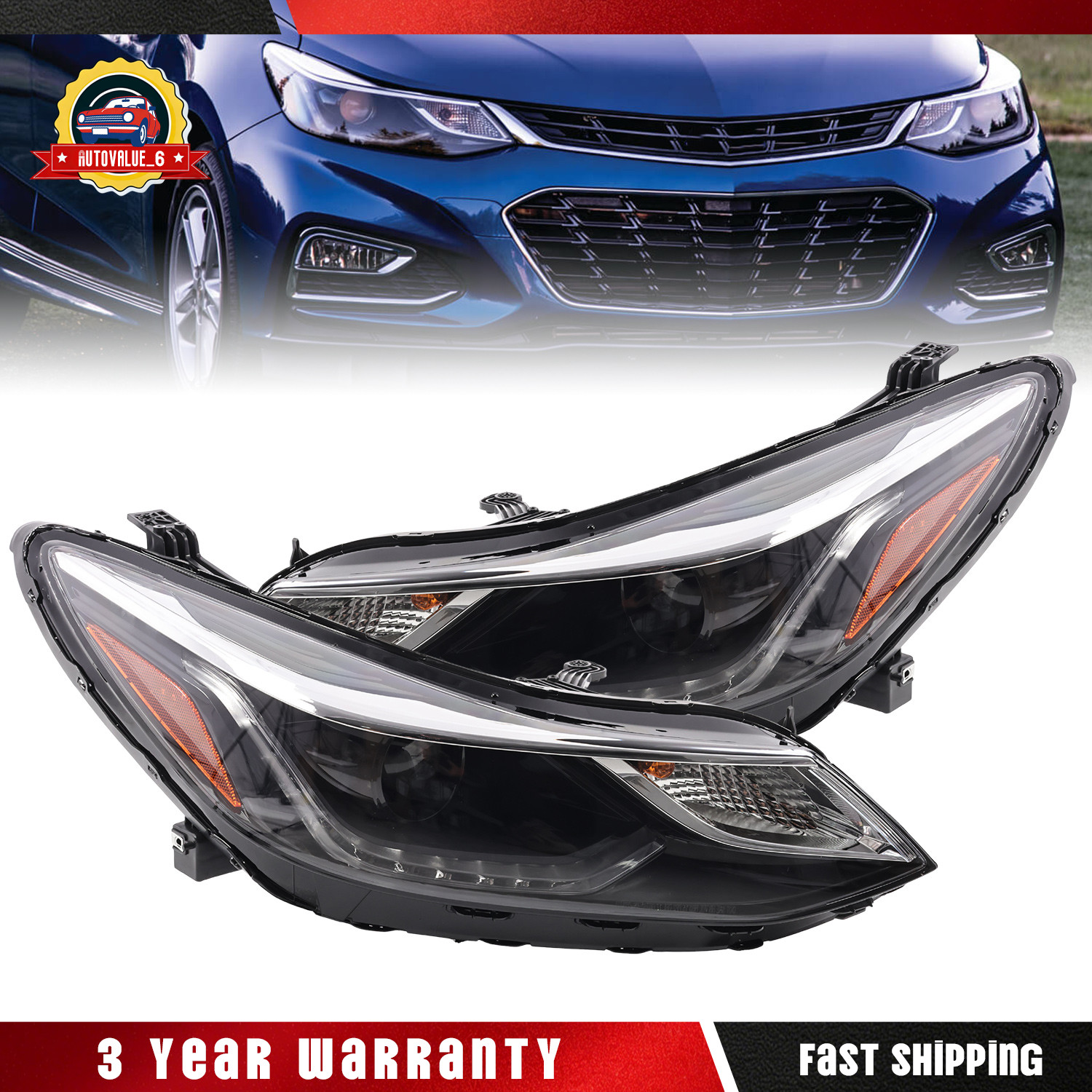 Pair LH RH Projector Headlights Halogen Black w/ LED DRL For 2016-2019 Chevy