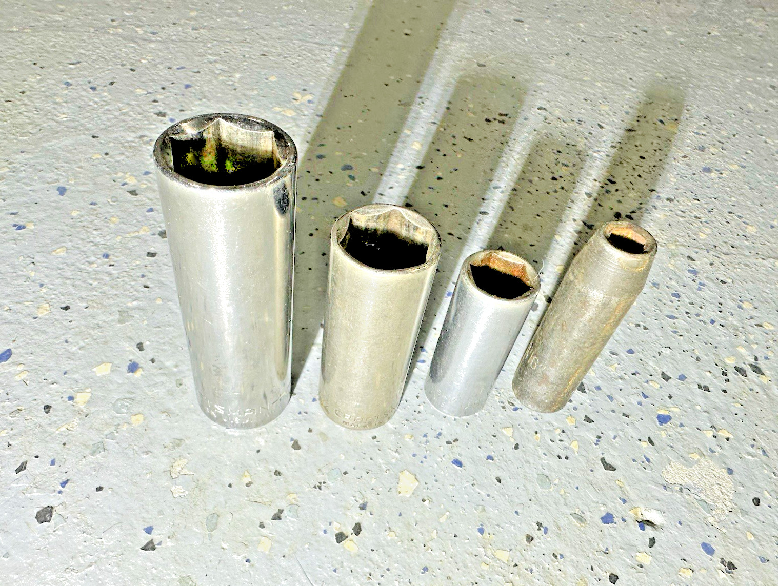 Lot of 4 SAE Standard Deep Sockets – 3/8in, 9/16in, 3/4in, 13/16in