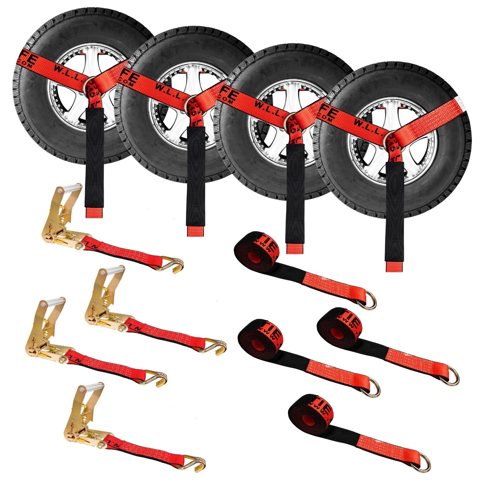 USA 4 Pack 2″ x 10′ Side Mount Wheel Net Tie Down Kit w/Wire J Hook Auto Hauler