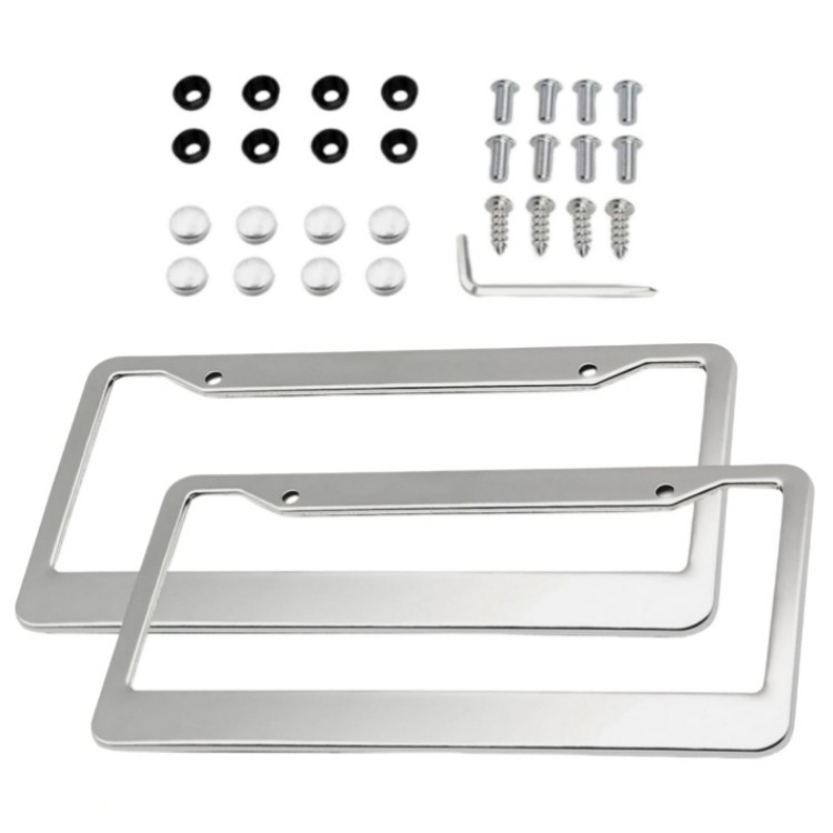2PCS Chrome Stainless Steel License Plate Frame Tag Cover Metal w/ Screw Caps