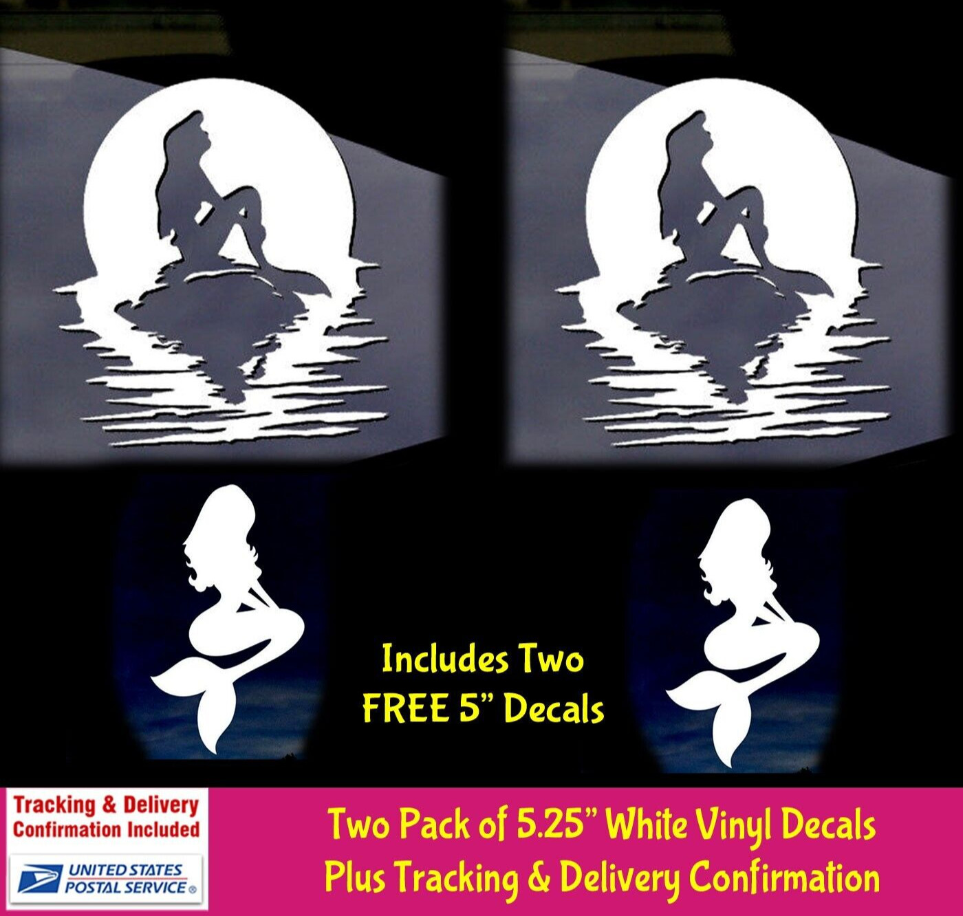 Ariel The Little Mermaid on Rock with Full Moon Two White Vinyl Decals Car Truck
