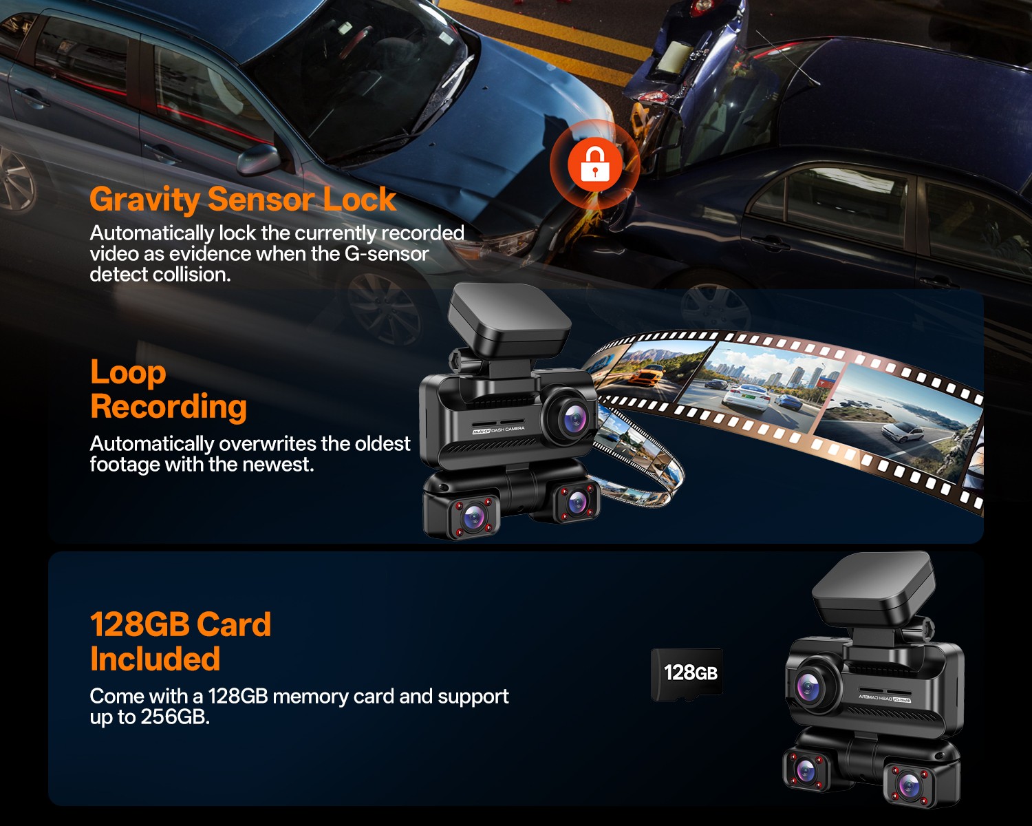 Dash Camera 4K Front Rear Inside DashCam Built-In WiFi & GPS, WDR Night Vision