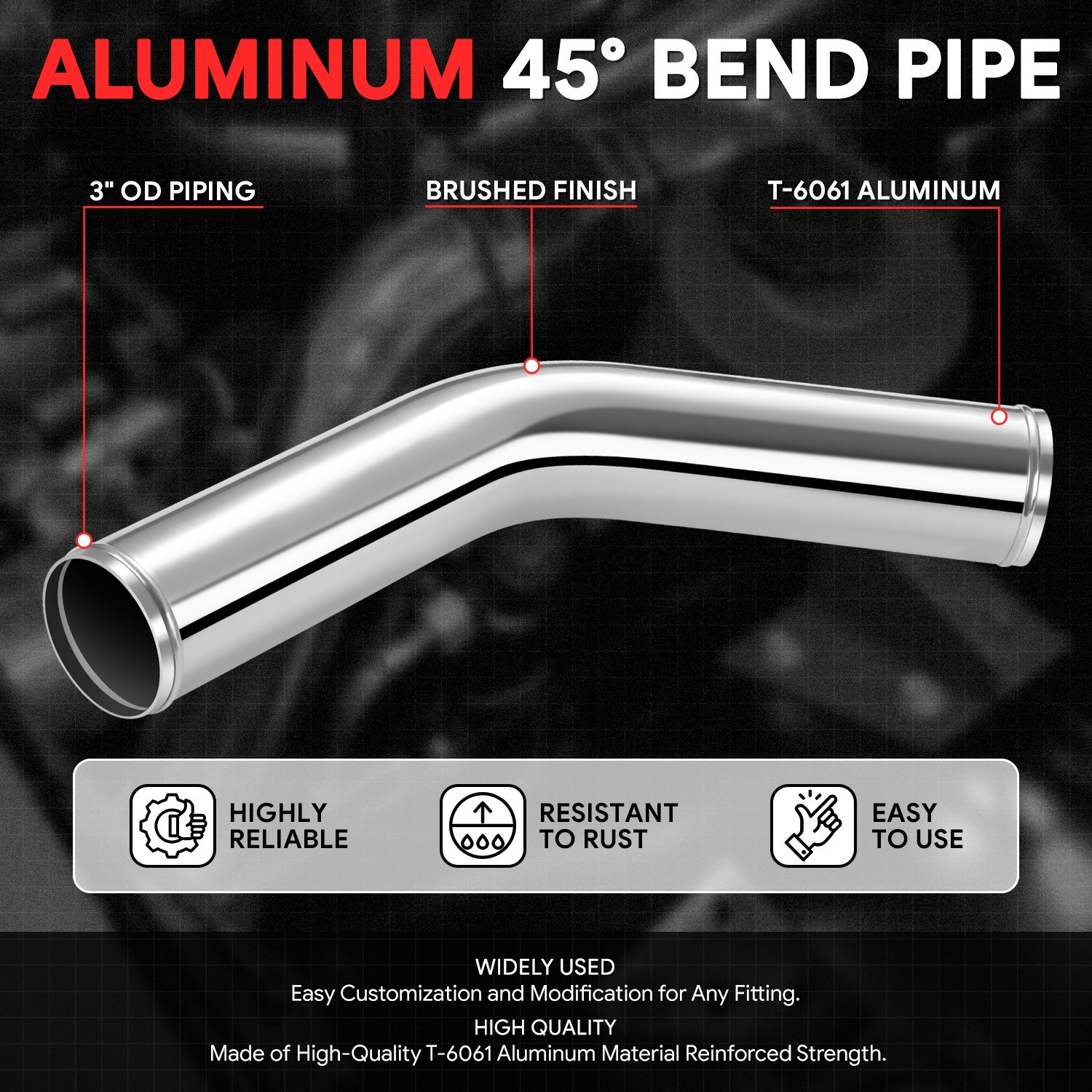45 Degree 3″ OD Chrome Aluminum Elbow Bend Intercooler Pipe Tube Intake Turbo