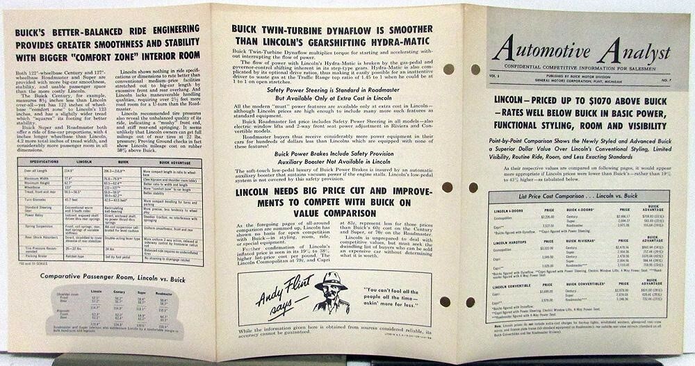 1954 Buick Automotive Analyst Comparison To Lincoln Salesman Only Item Original