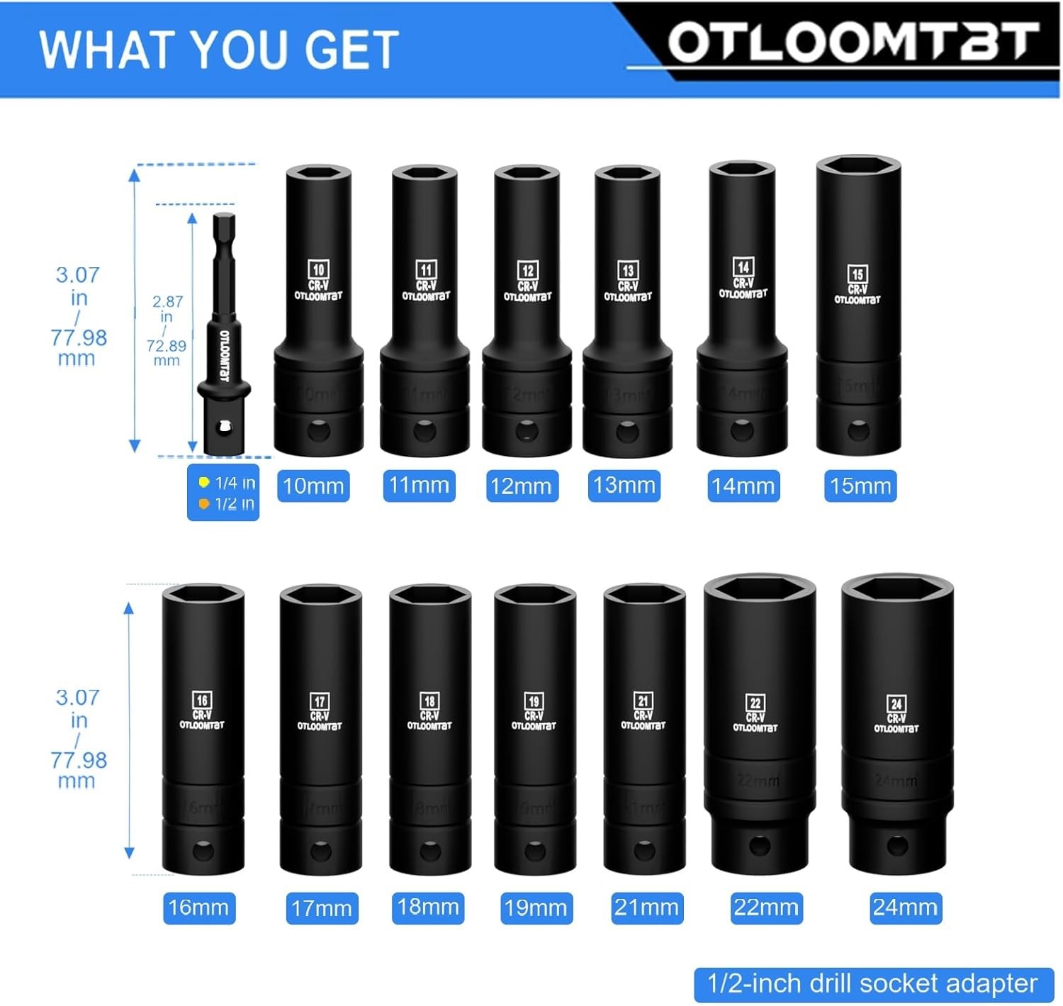 14pc 1/2″ Impact Socket Set Metric Deep Sockets Heavy Duty Mechanical Tool Kit