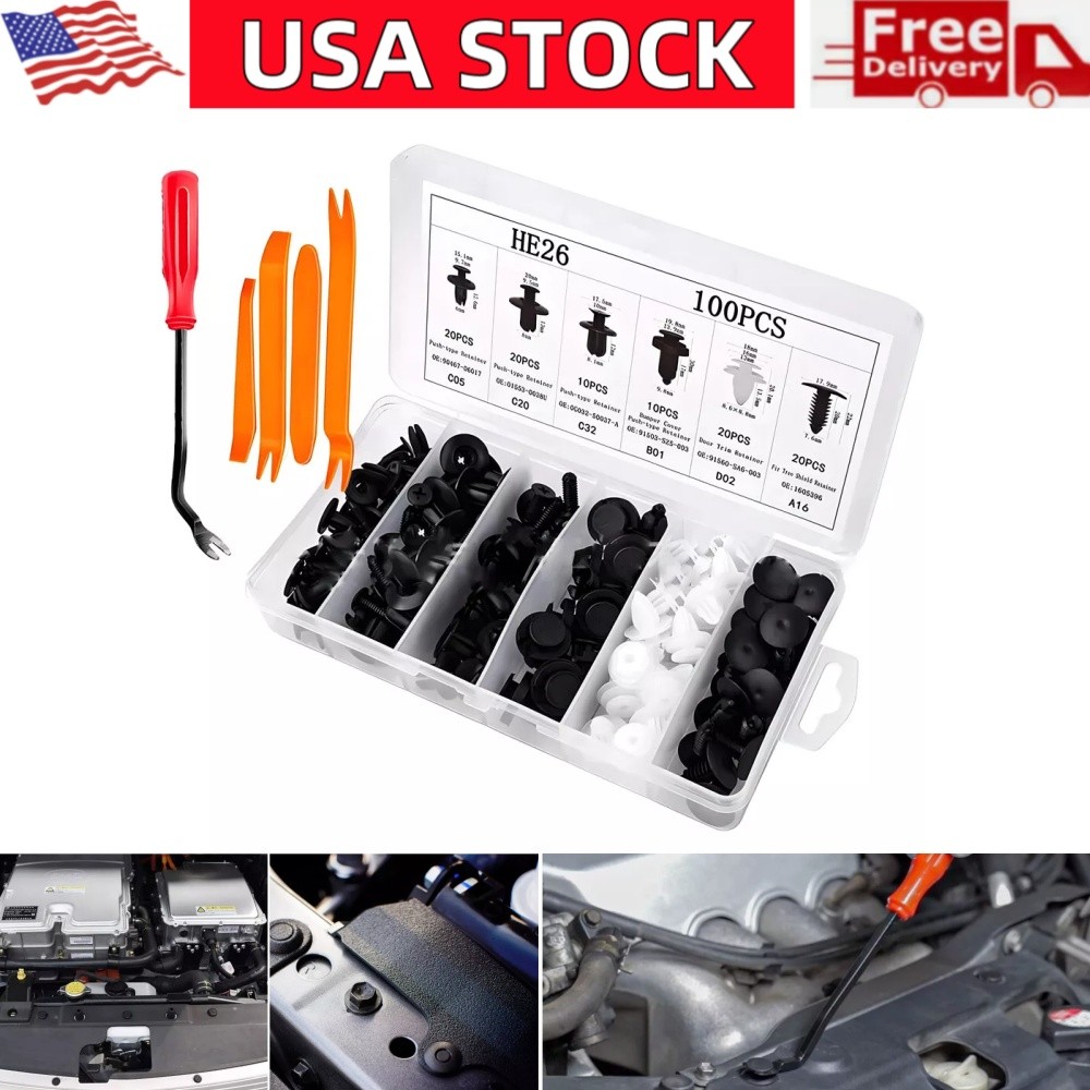 100PCS Universal Bumper Retainer Clips Car Plastic Fasteners Push Pin Rivets Kit