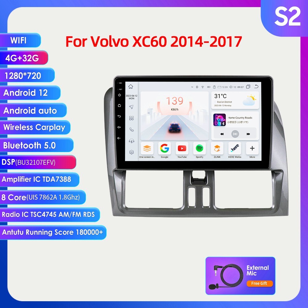 8Core For Volvo XC60 2014-2017 Android14 Car Stereo Radio Navi Apple Carplay DSP