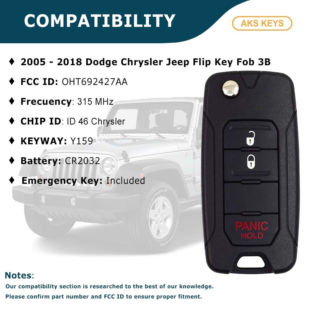 New Replacement for Dodge Chrysler Jeep 2005-2018 Flip Key Fob 3B – OHT692427AA