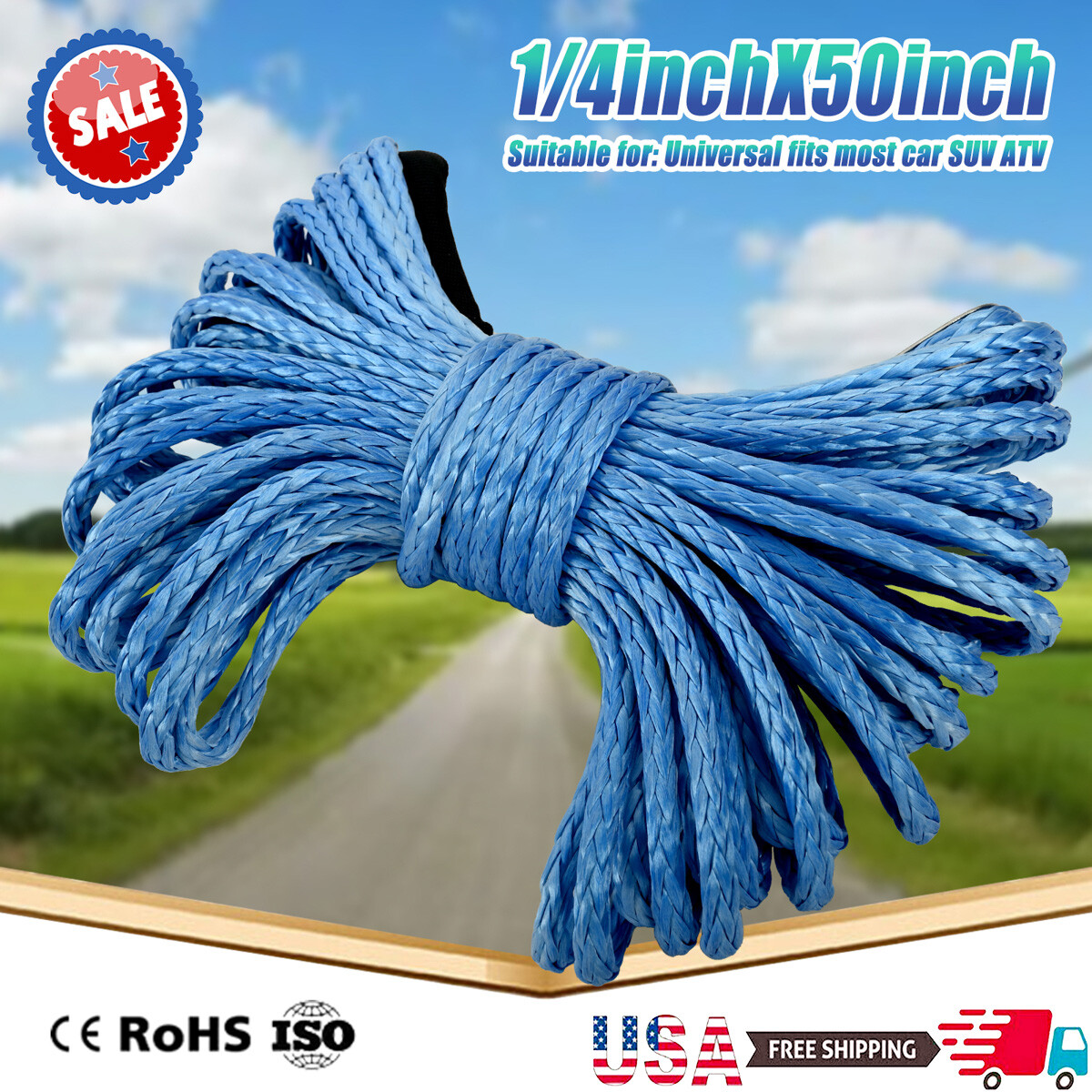 1/4″ x 50′ Synthetic Winch Line Cable Rope 15m/6mm Synthetic Fiber For UTV ATV