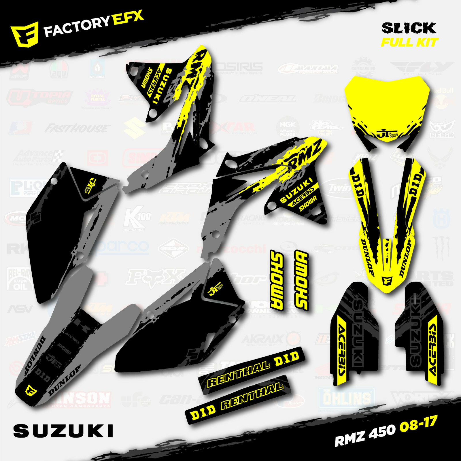 Gray & Yellow Slick Racing Graphics Kit fits 08-17 Suzuki RMZ450 Sticker RMZ 450