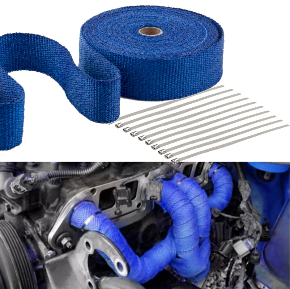 Blue 2″ x 50FT (15M) Exhaust Header Fiberglass Heat Wrap Tape w/10 Steel Ties US