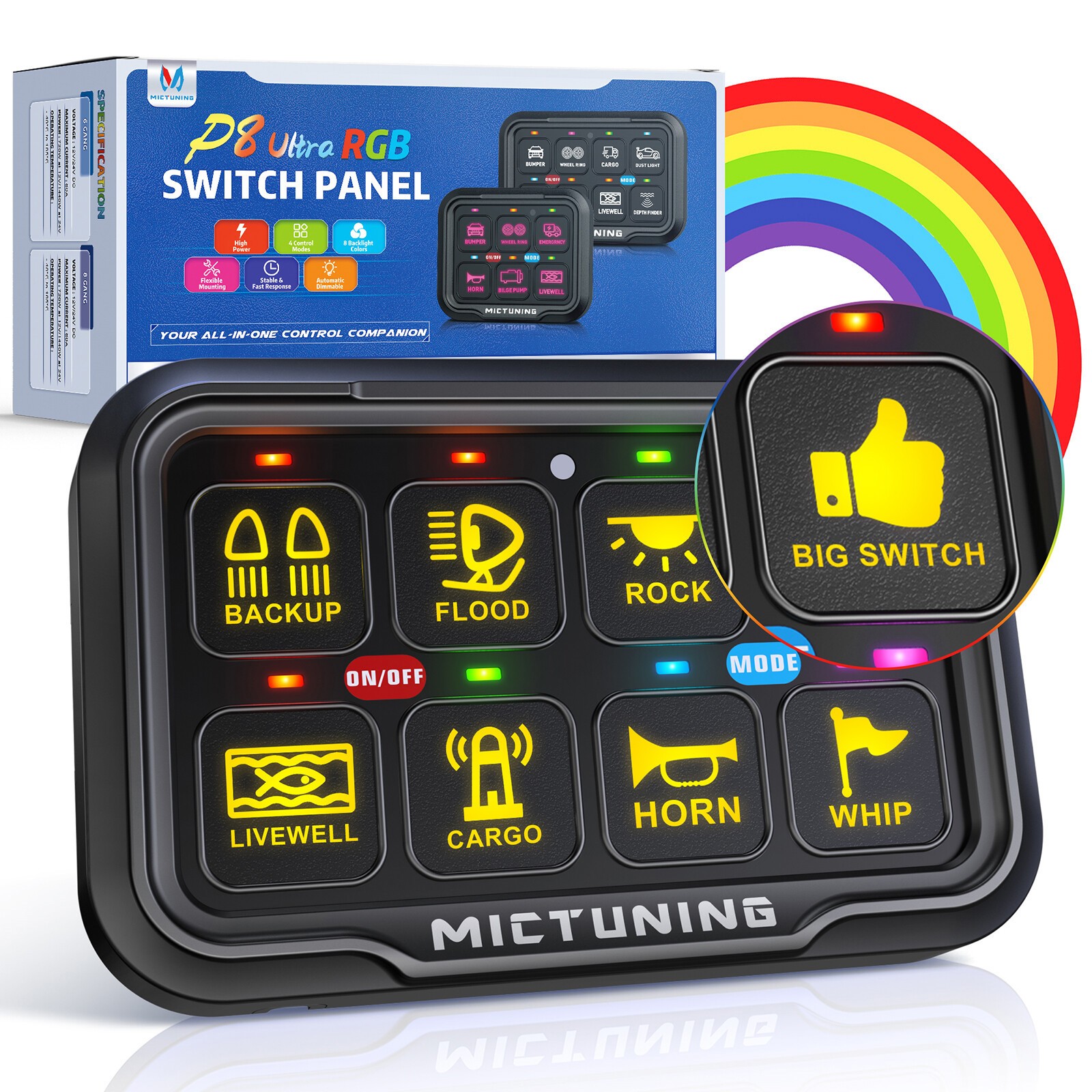 RGB 8 Gang Switch Panel 12/24v LED Light Bar Circuit Relay System Box Car Marine