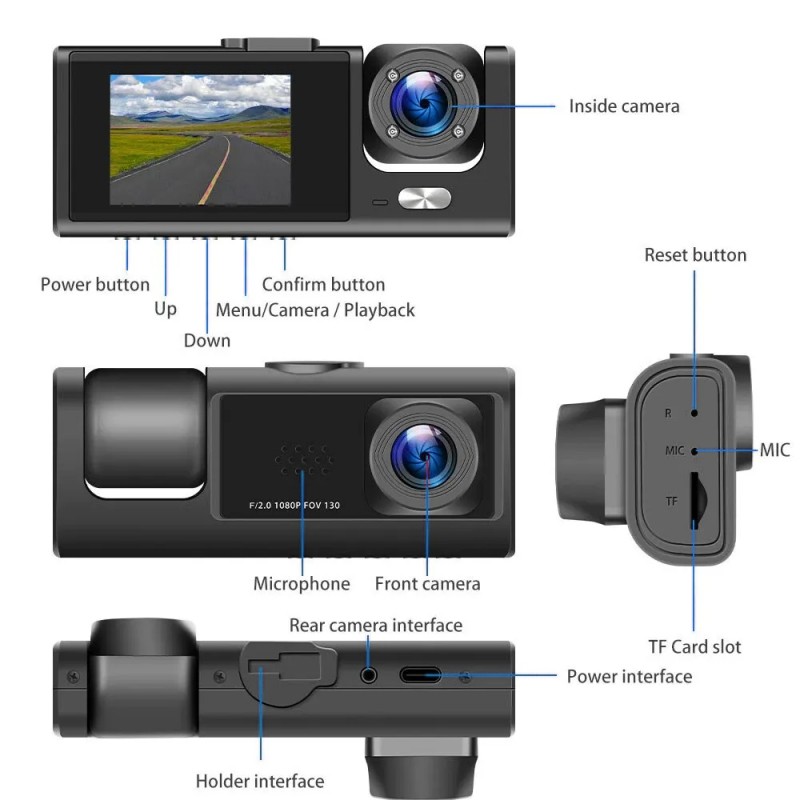 Dual Lens Car Dash Cam 1080P HD Front/Rear/Inside Video Recorder Camera G-Sensor