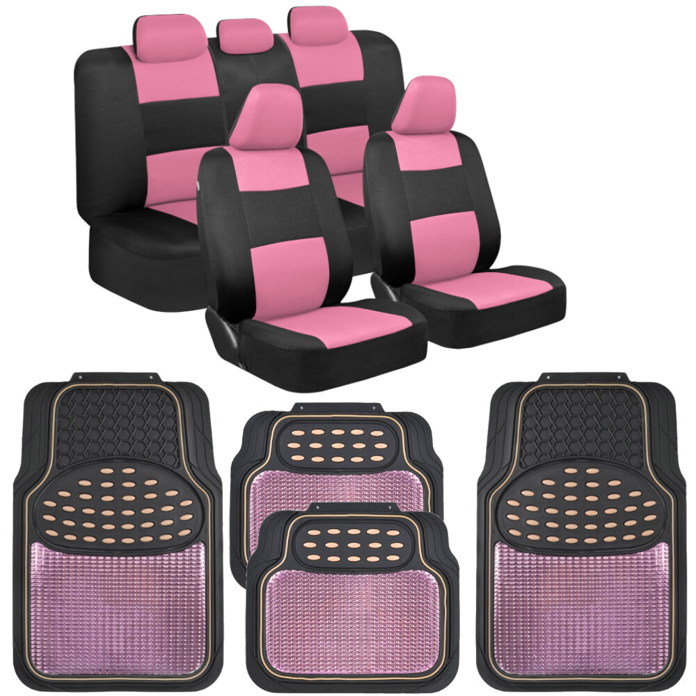BDK PolyPro Pink Car Seat Covers and All Weather Rubber Floor Mats for Sedan SUV