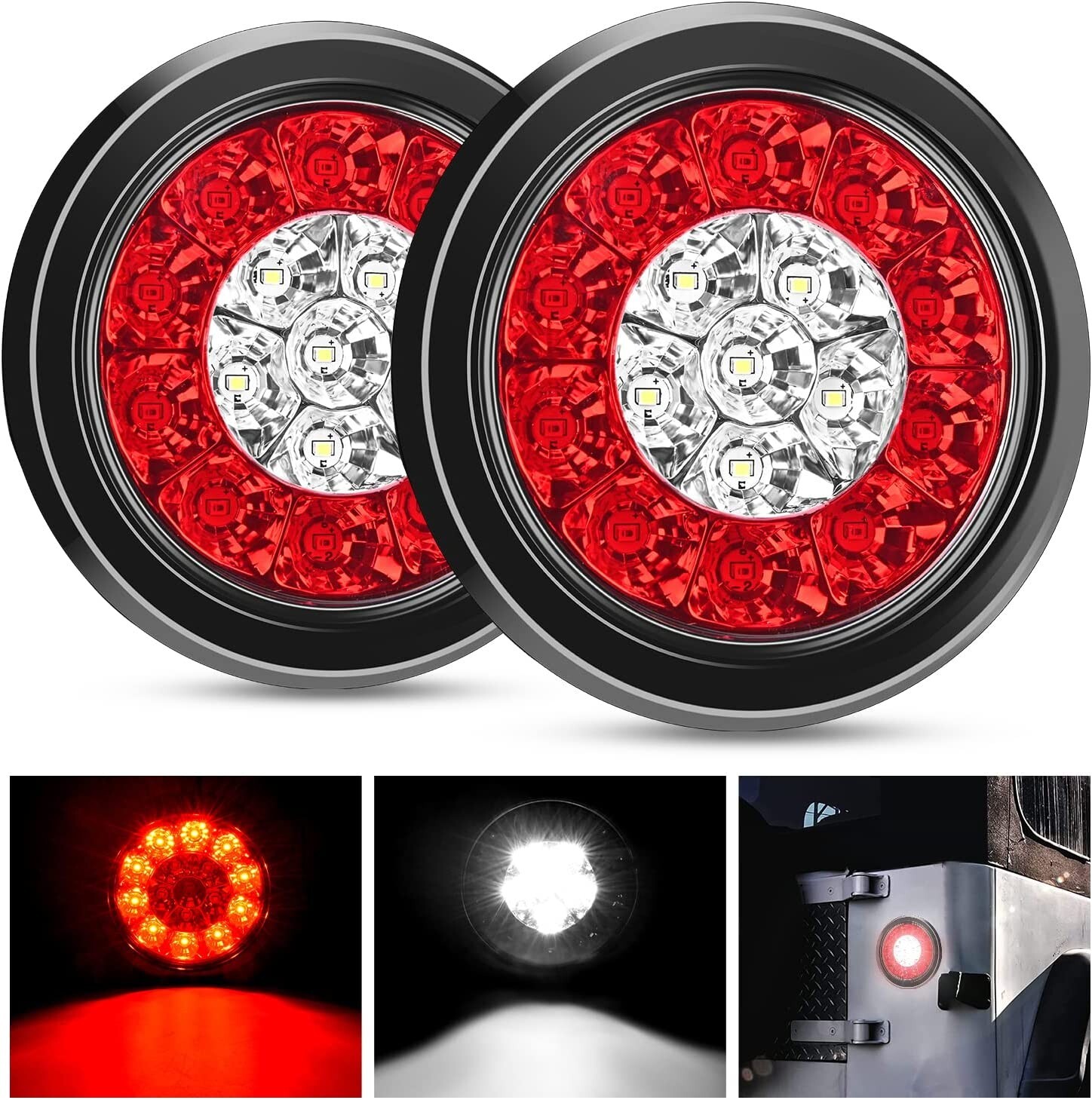 Nilight 2PCS 4″ Round Red White LED Trailer Tail Lights 16LEDs IP67 Waterproof