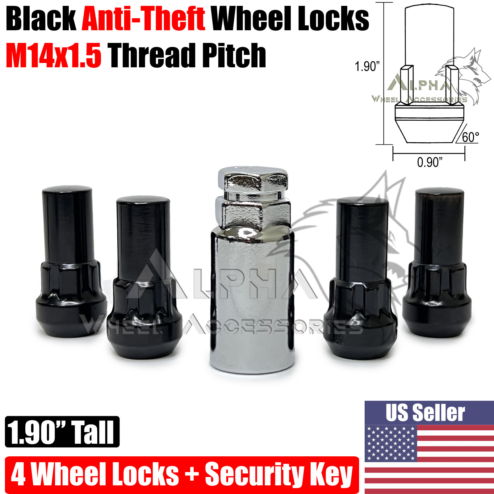 5Pc Black Wheel Lock Set M14x1.5 For 2012 & Newer Ram 1500 All Trims + Key 1.90″