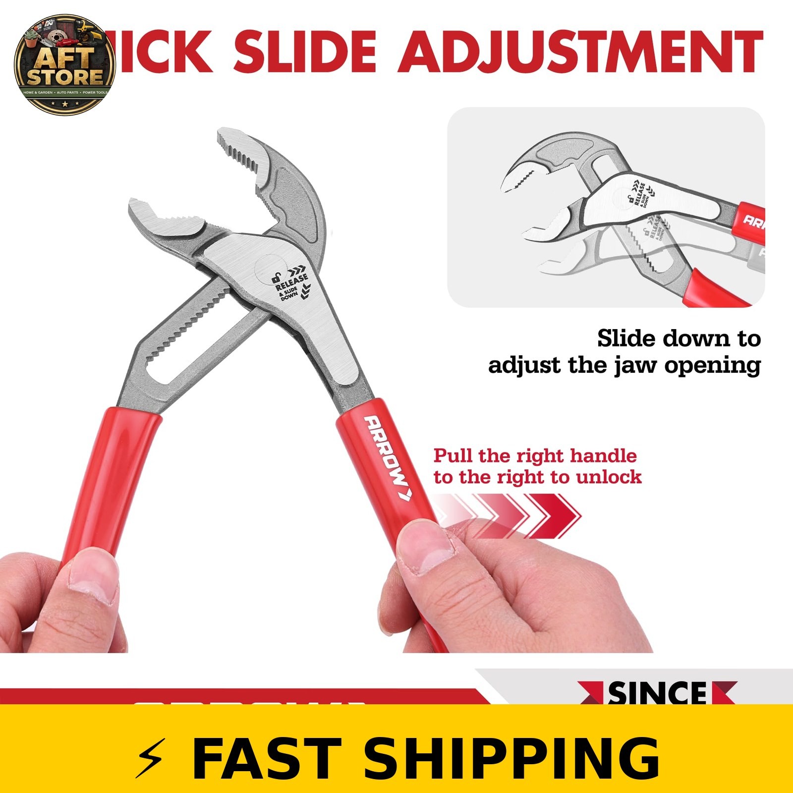 Arrow 8″ V-Jaw Groove Joint Pliers, Quick Adjustable