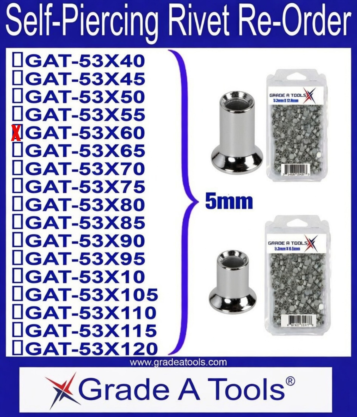 5.3mm x 6.0mm Aluminum Self Piercing Rivets, 100/Box