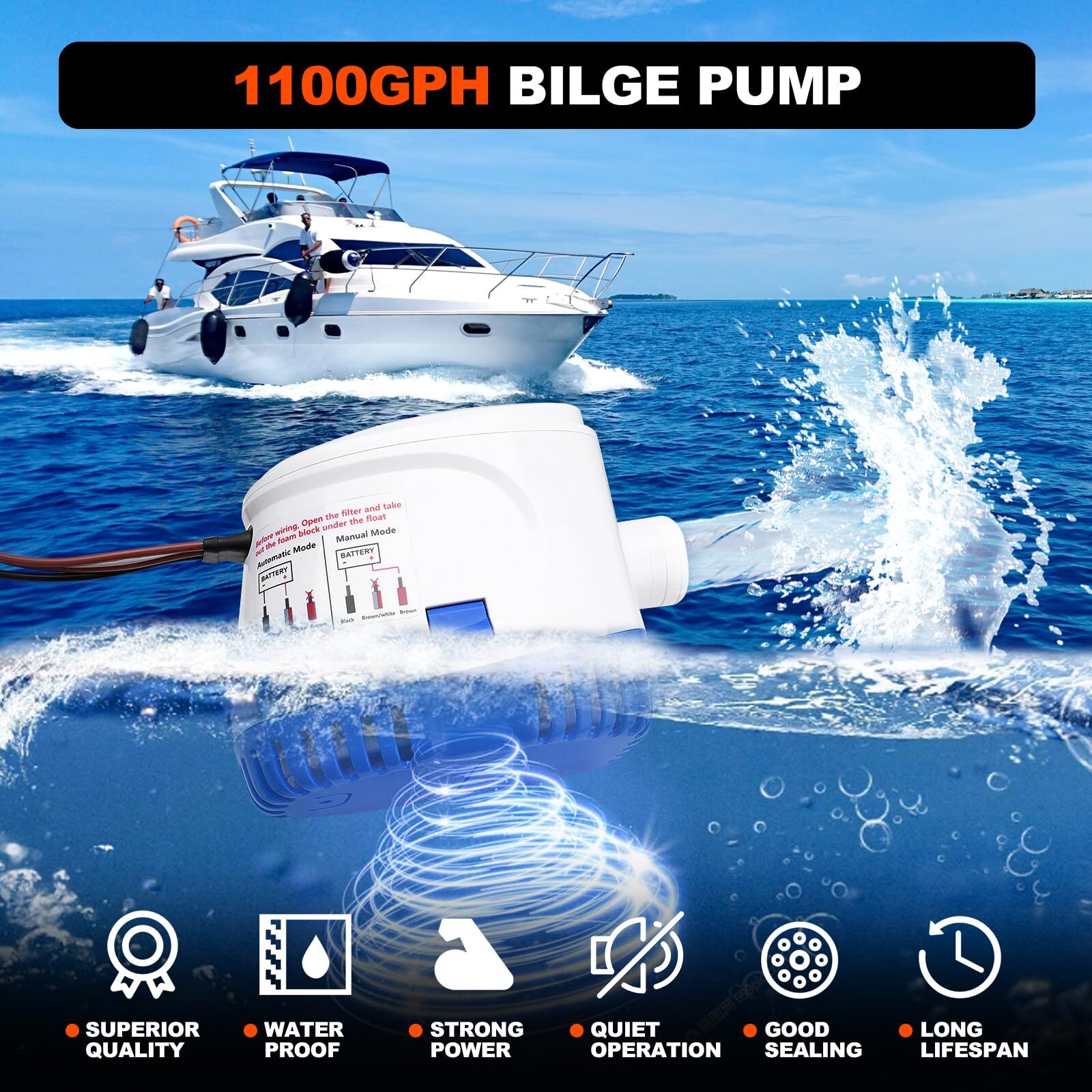 1100 GPH 12V Automatic Submersible Bilge Water Pump Auto Float Switch for Boat