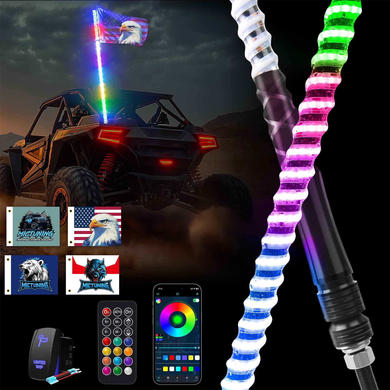 4FT COB LED Whip Lights Spiral Design with App & Remote Control for UTV ATV