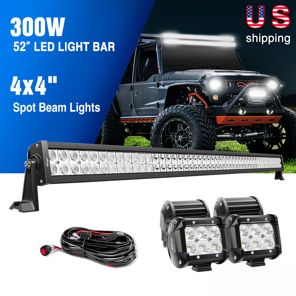 Nilight 52″ 42″ 32″ 22″ LED Light Bar Spot Flood Combo 4PCS 4″ Work Lamps Wiring