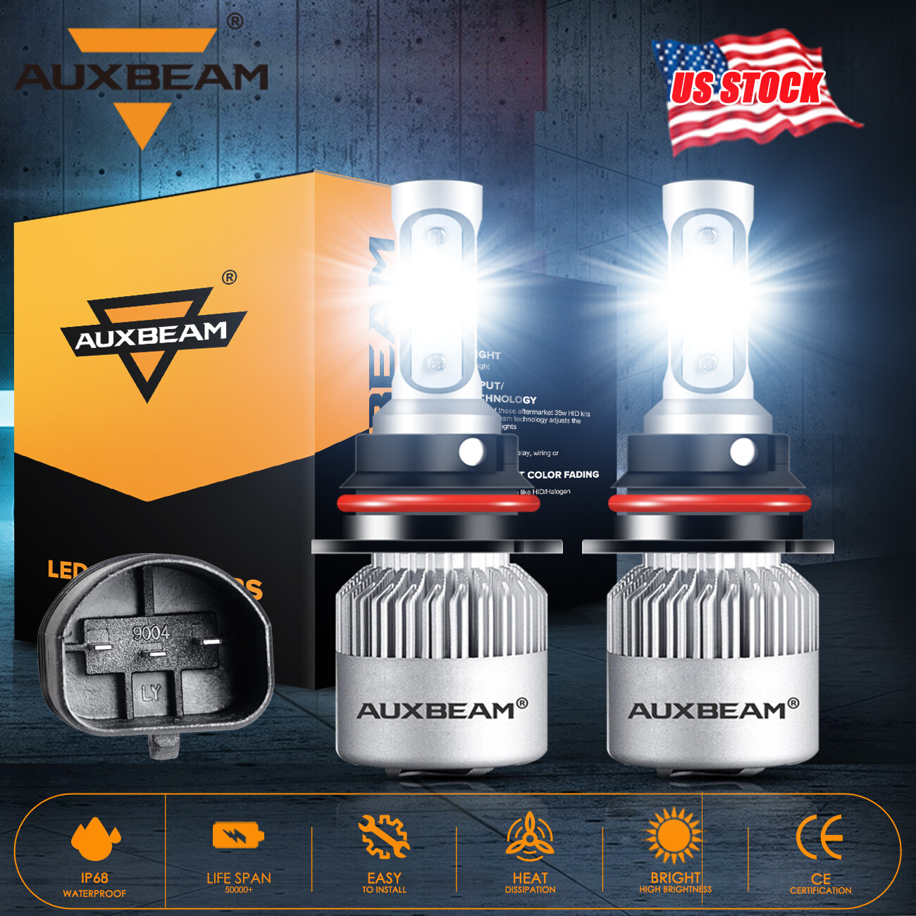 AUXBEAM HB1 9004 LED Headlight Bulbs High Low Beam 6000K Bright White 72W 8000LM