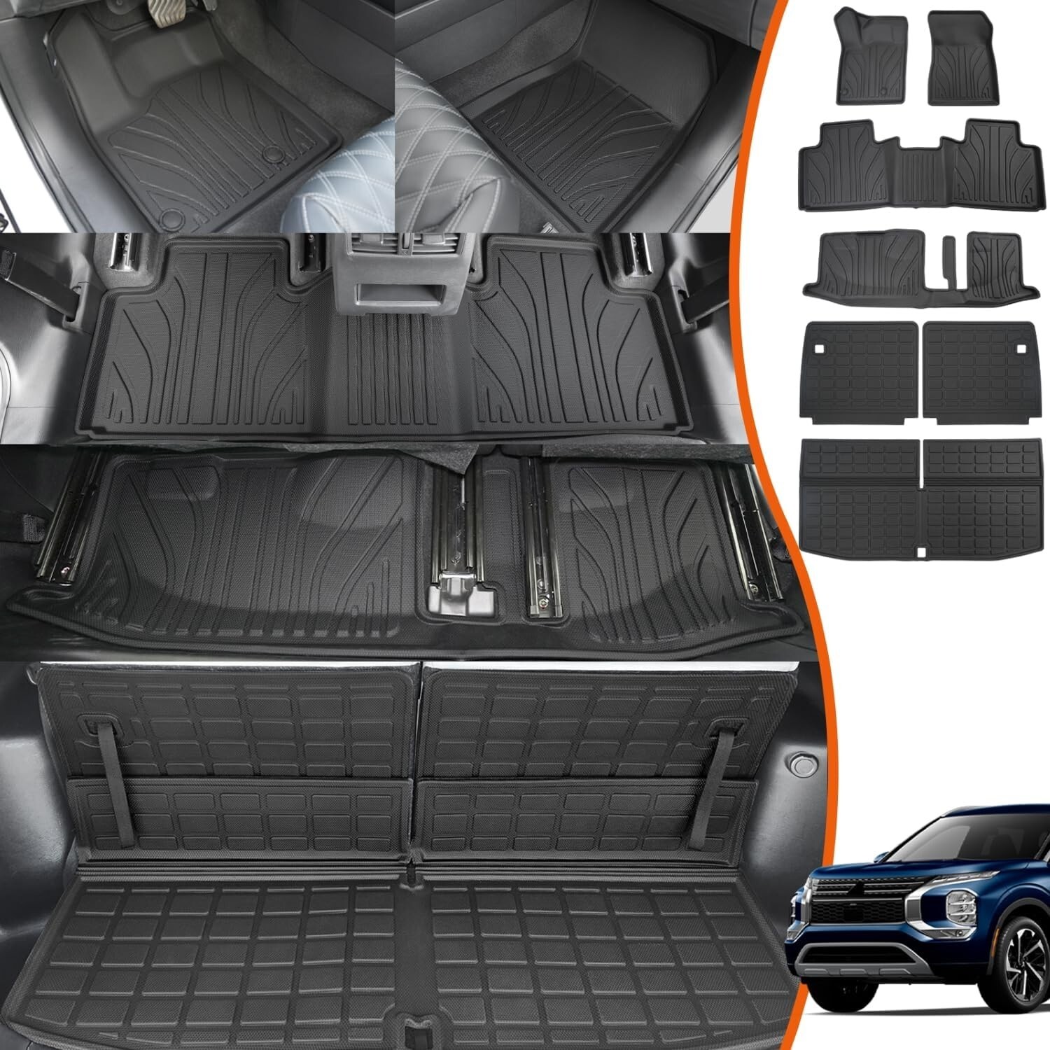 Floor Mats Cargo Trunk Liner Back Seat For 2022-2024 Mitsubishi Outlander 7-Seat