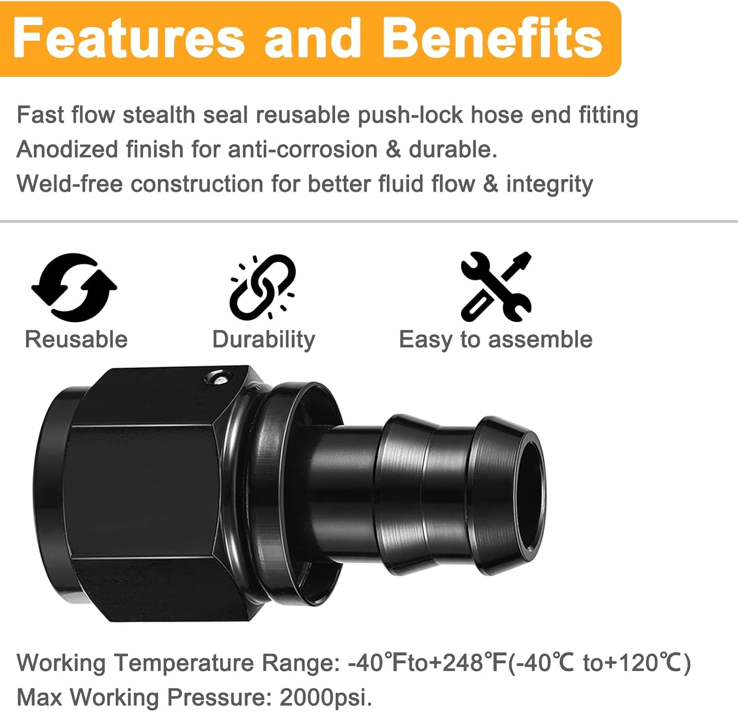 2PCS Straight Push on Lock Hose Fitting 6AN to 3/8″ barb Fitting For Fuel Line