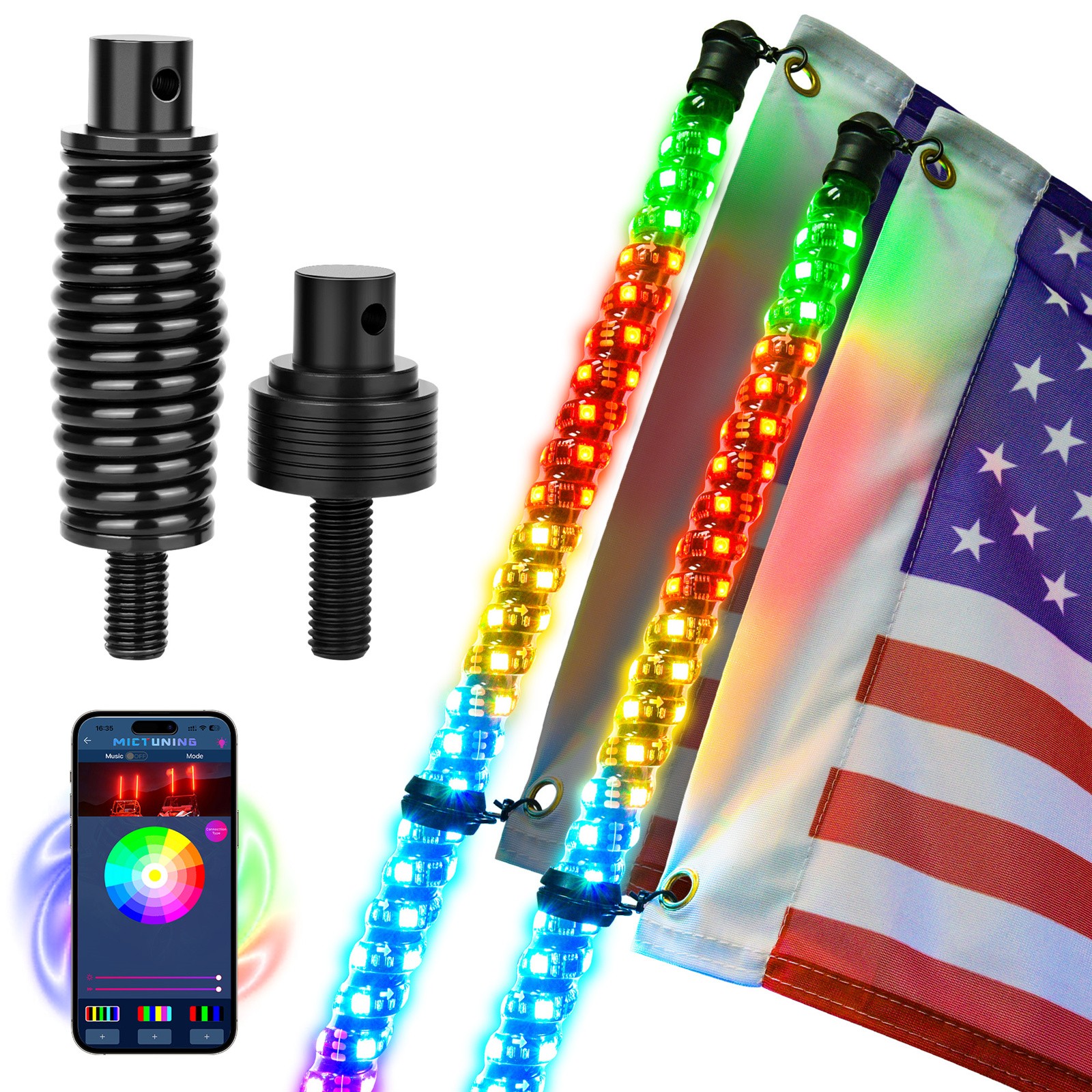2pcs 1FT COB Fat Whip Light,RGB+IC Chasing Antenna Whips for ATV UTV SXS RZR