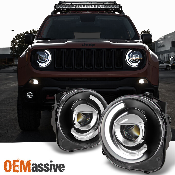 Fit Black 15 16 17 18 Jeep Renegade Projector Headlights w/DRL Led Light Bar