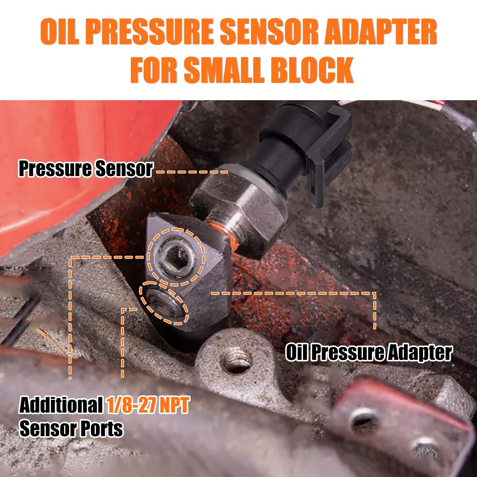 Oil Pressure Sensor Thread Adapter, 1/8-27 NPT Port Plugs for Chevy/GM Small Bl