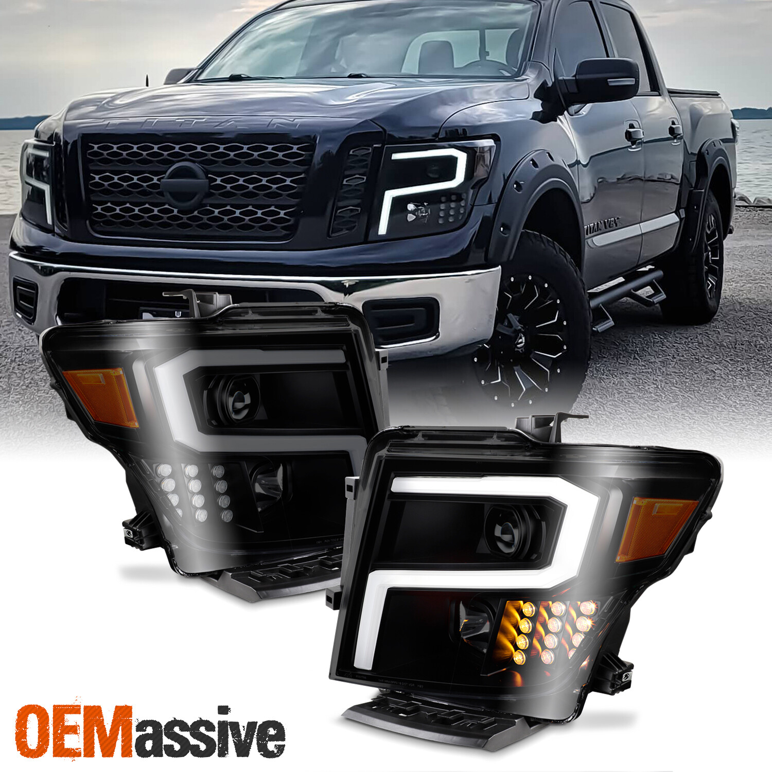 Fits 2016-2024 Nissan Titan Projector Headlights w/ LED Signal Tube- Black Smoke