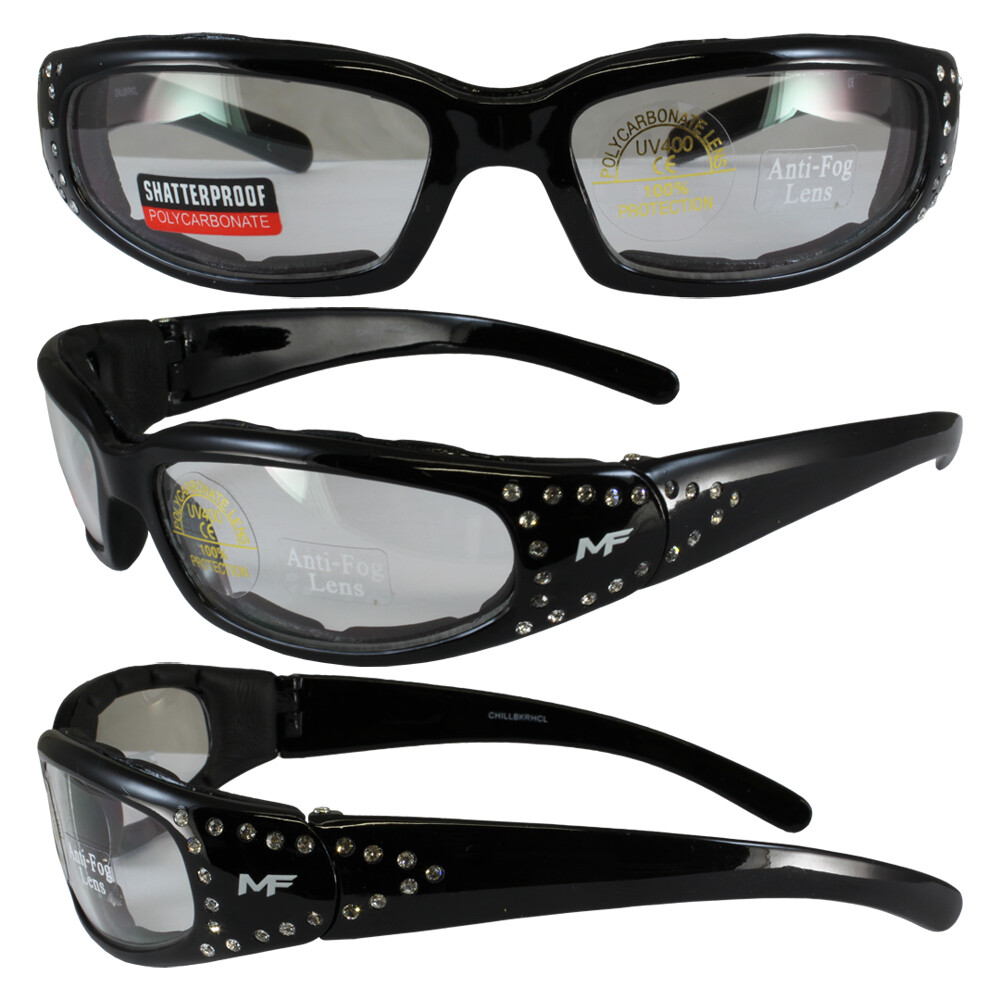 MF CHILL PADDED WOMENS MOTORCYCLE RIDING GLASSES RHINESTONE FRAMES CLEAR LENS
