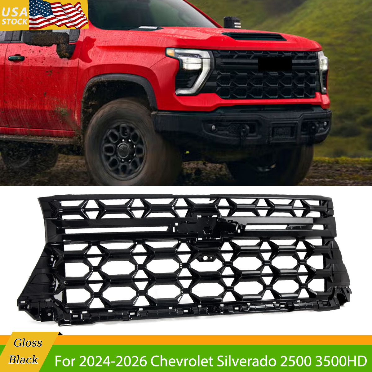 For 2024 2025 2026 Silverado 2500 3500 ZR2 Style Gloss Black Front Upper Grille