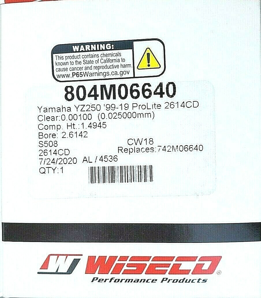 Wiseco ProLite Piston Kit 66.4mm Bore For Yamaha YZ250 250X ’99-2025 804M06640