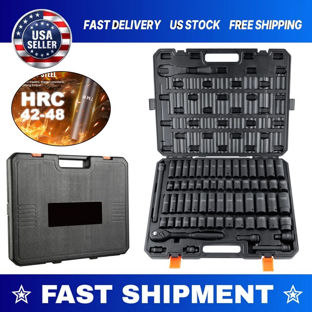 Impact Sockets Set 65pcs 6-Point 1/2in Drive Bit Ratchet Tool Kit Case US