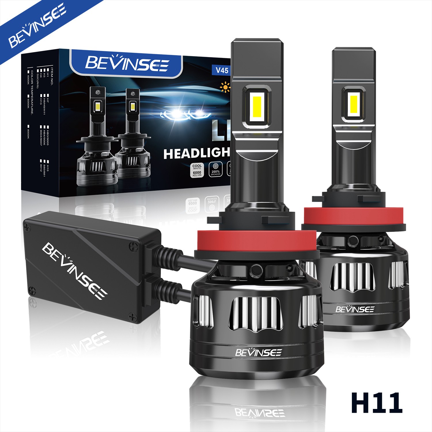BEVINSEE H8 H11 LED Headlight Bulbs 120W Super Bright 6000K 22000LM High Low Fog