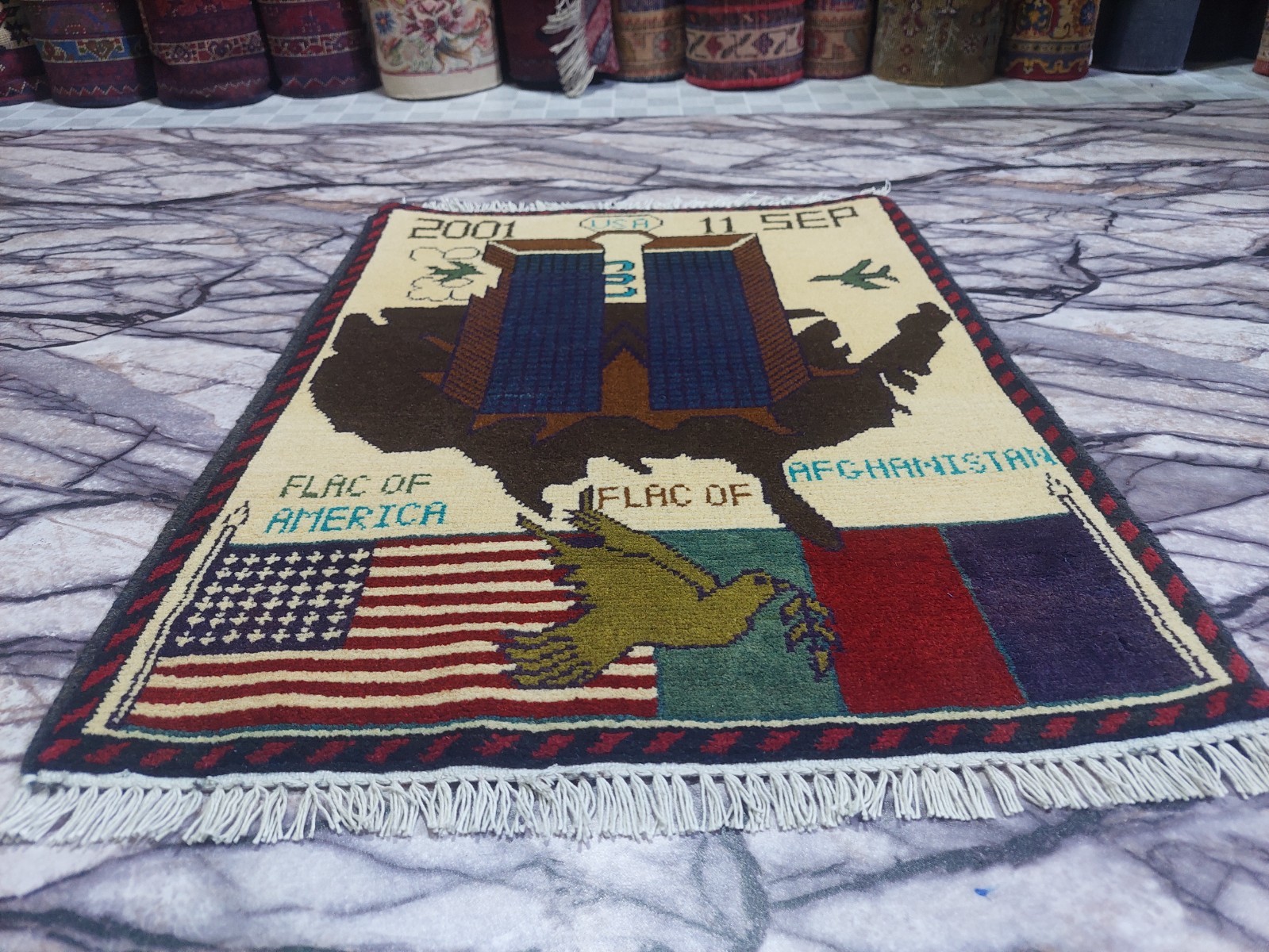 no/113 War Rug Handmade Knotted Afghan Tribal Vintage Pictorial Rug 78 ×60 Cm
