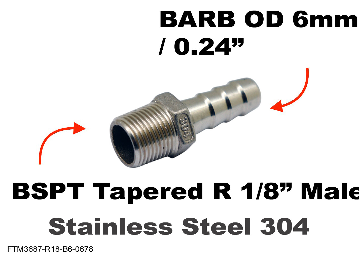 BSPT Tapered R 1/8″ Male to BARB OD 6mm / 0.24″ Stainless Tail Adaptor Hose