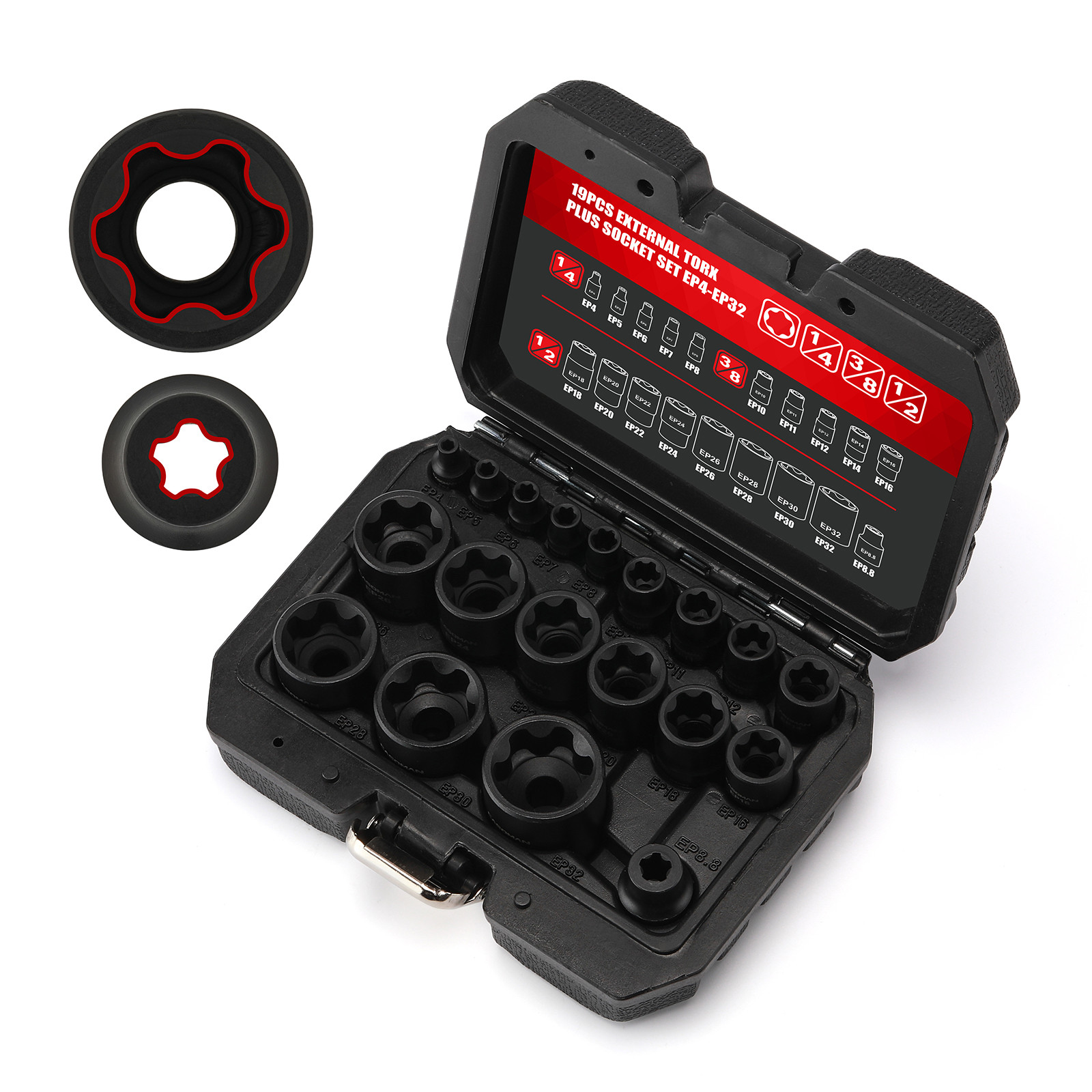 19PCS External Torx Plus Socket Set 6 Point EP Socket EP4-EP32 5 Point 1/2” Dr