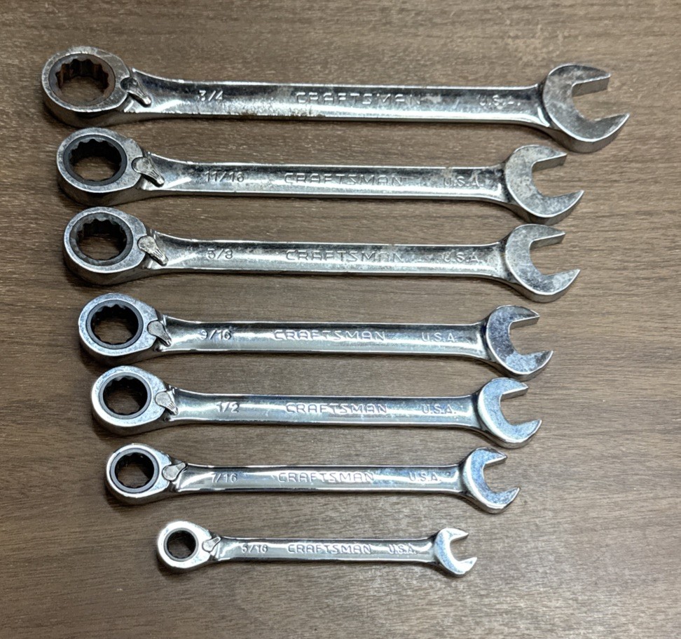 VINTAGE CRAFTSMAN -GK- USA SAE REVERSIBLE RATCHETING WRENCH SET 7 PIECE USA