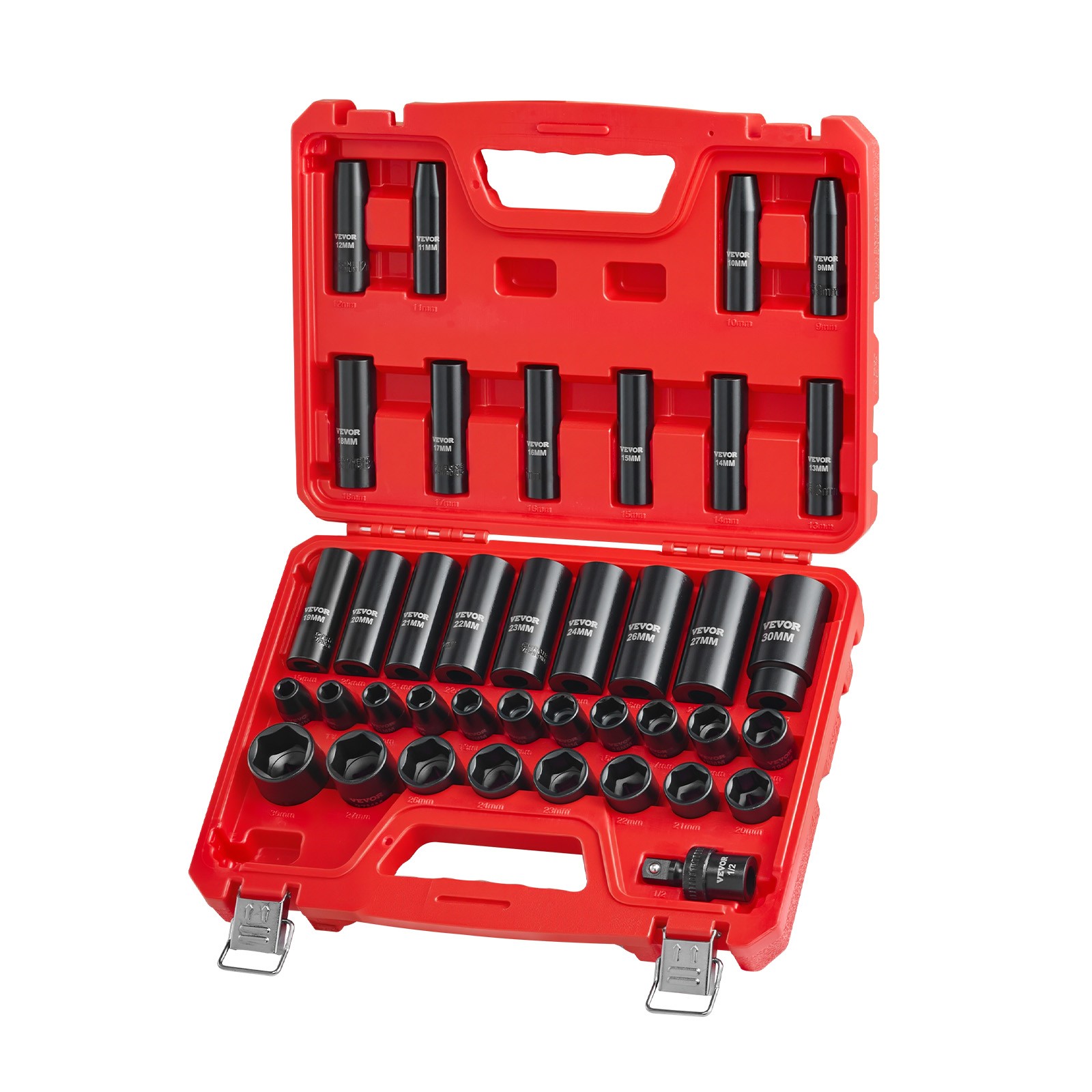 VEVOR 1/2 in Drive Impact Socket Set 39 Pcs Deep Shallow Sockets Metric 9-30 mm