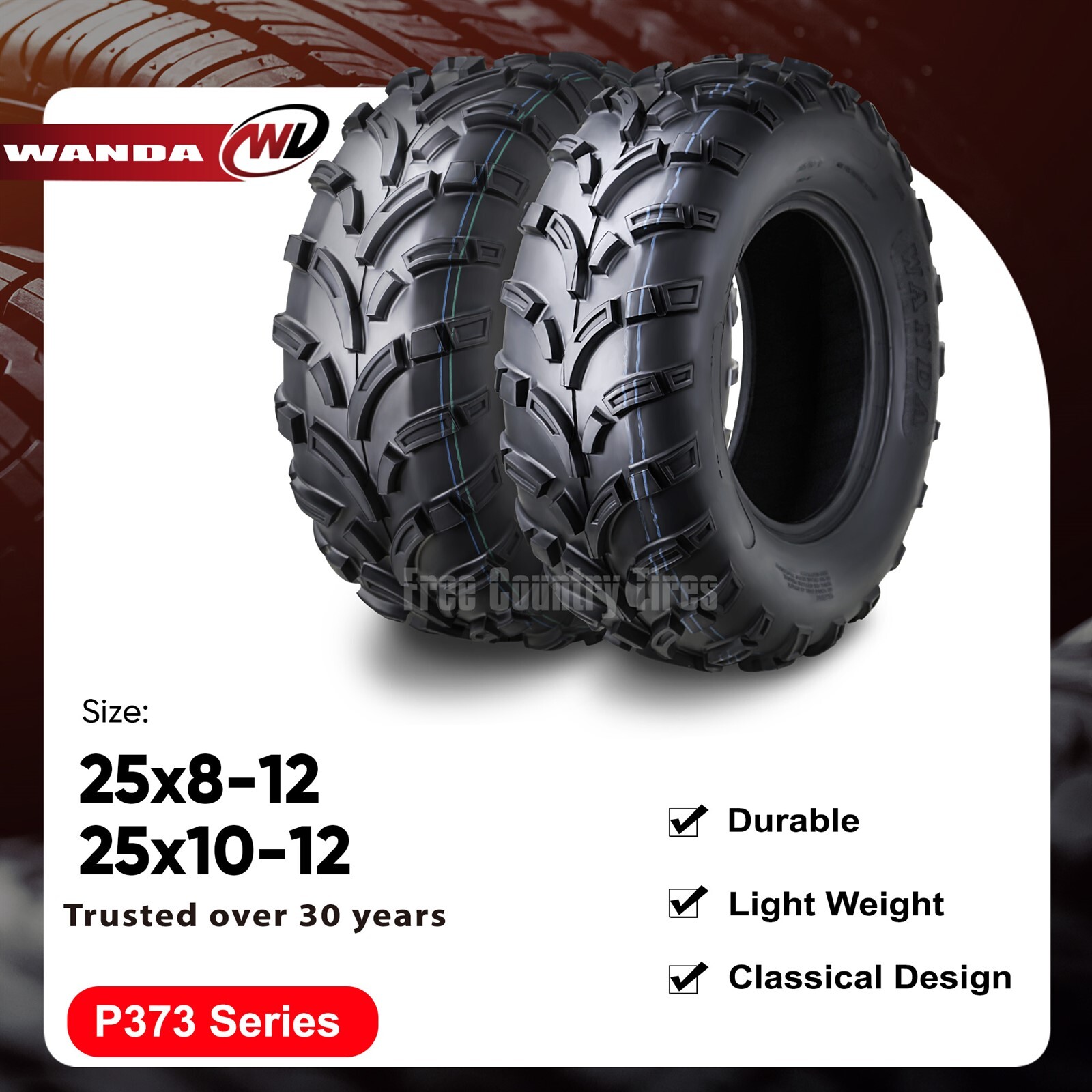 Set of 4 WANDA ATV Tires 25×8-12 25x8x12 Front & 25×10-12 25x10x12 Rear 6PR Mud