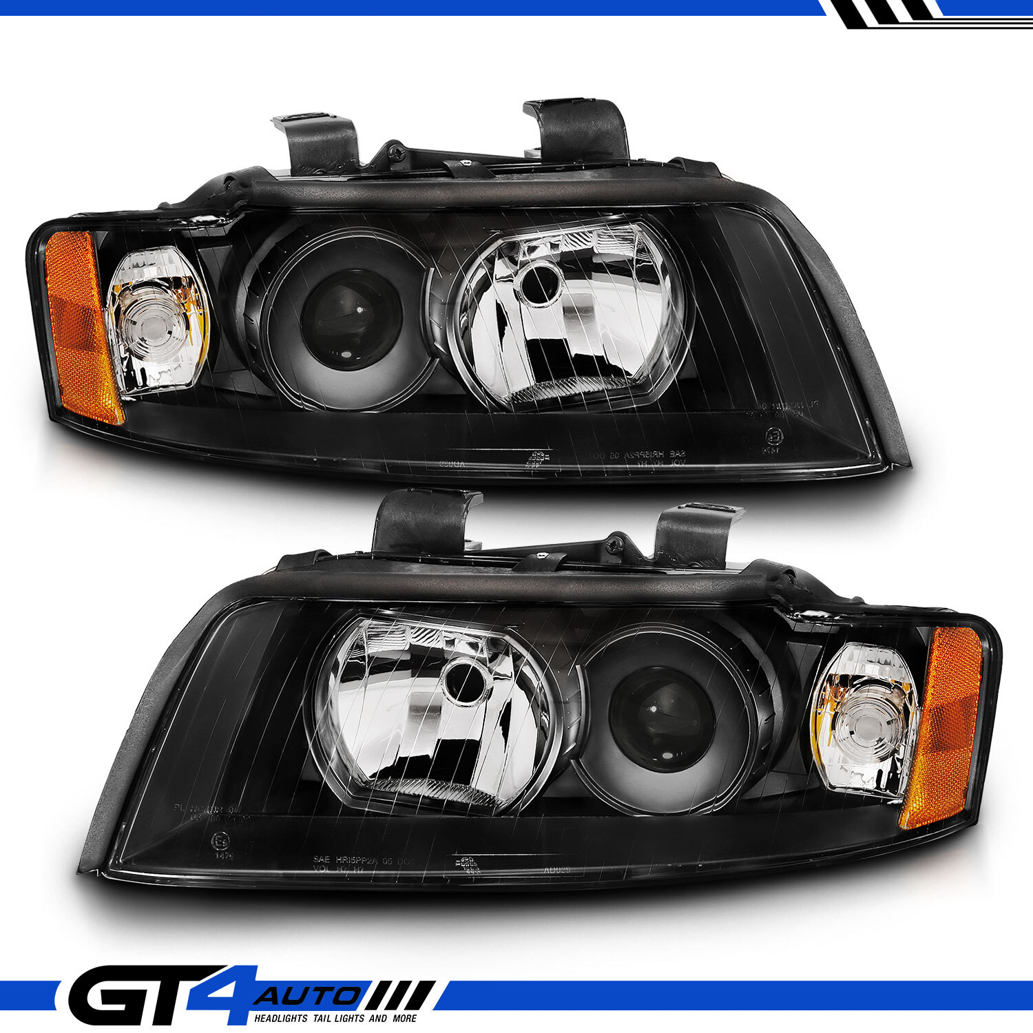 Fit 2002-2005 Audi A4/S4 Black Replacement Projector Headlights Pair LH+RH