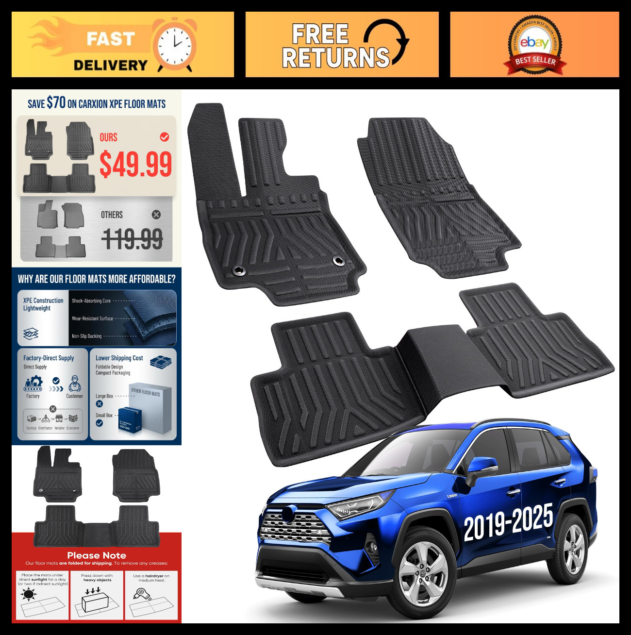 Custom Fit All-Weather Floor Mats for 2019-2025 Toyota RAV4 – 3PCS Black Rubber